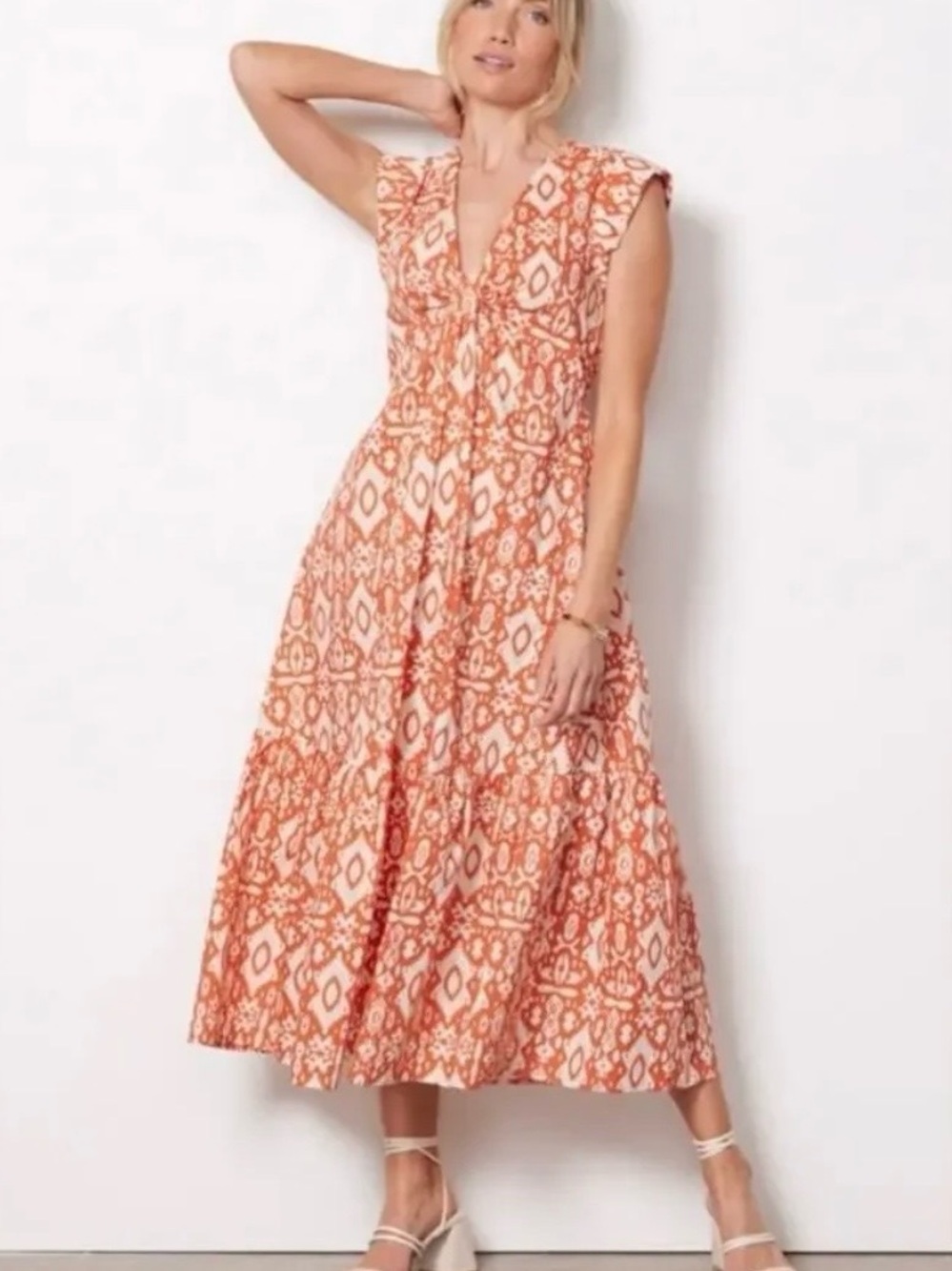 BB Dakota Emersyn Orange and Cream Midi Dress with Ikat Print